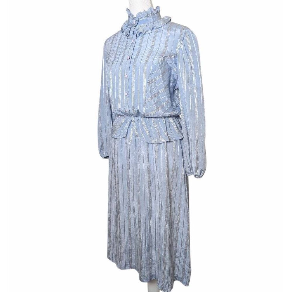 Vintage 80s It's My Turn light blue metallic ruffle neck long sleeve dress 13 L